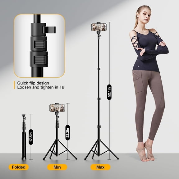 RIHJIN-52 Cell Phone Tripod Stand for iPhone, Adjustable Floor Cellphone Tri Pod Holder with Remote, Portable Smartphone Compact Travel Selfie Stick for Video Recording Camera Ring Light Filming
