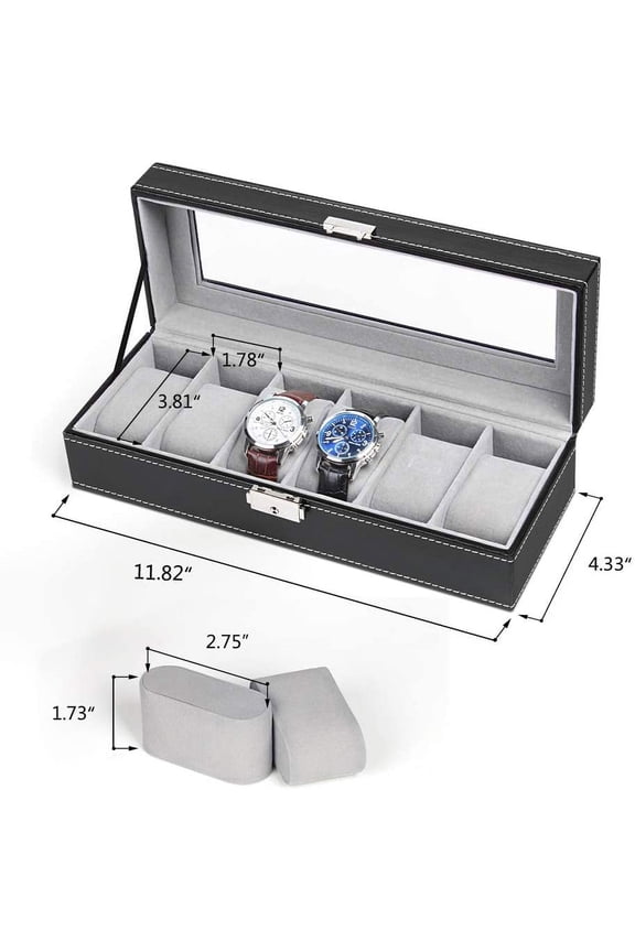 -6 Slots Watch Box Organizer for Men, Black Watch Holder Stand Display Storage Case