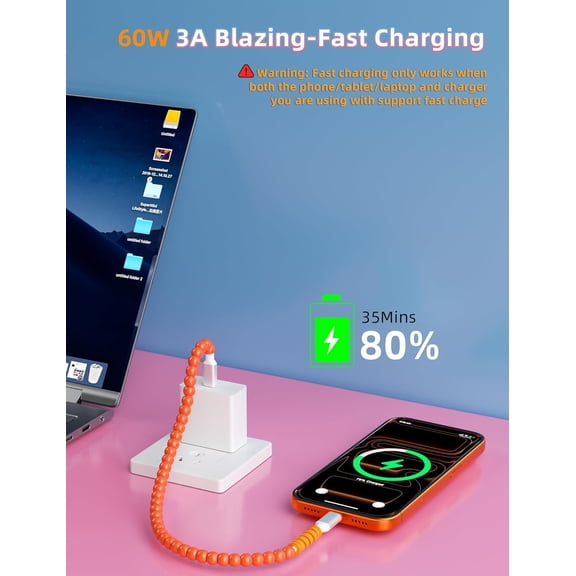 RIHJIN-60W Beaded USB C to USB C Phone Charger Cable 1FT Short for iPhone 17e 16 Pro Max 15/Android,60 Watt 45W 3A PD Fast Charging Type-C Cute Bead Cord for Samsung S26 Ultra S25 S24 FE/Pixel 10a 9