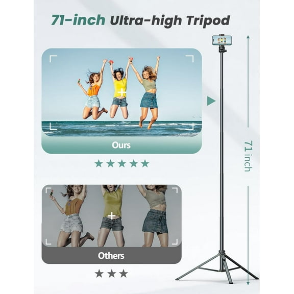 RIHJIN-71''/180cm Extendable Phone Tripod Aluminum, Portable Stand for Video Recording, Travel Tripod for iPhone/Cell Phone/Camera Video Light, Compatible with Smartphones, DSLR