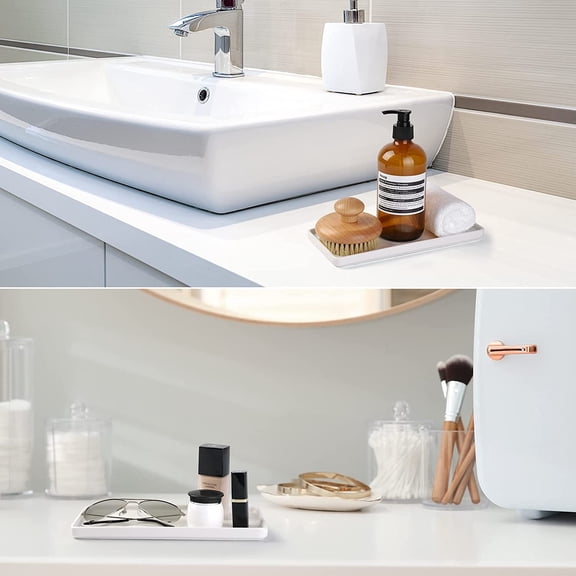 RIHJIN-8" Bathroom Trays - Ceramic Vanity Tray for Bathroom - Small Ceramic Tray - Kitchen Soap Trays - Porcelain Dispenser Organizer for Kitchen Bathtub Counter (White)