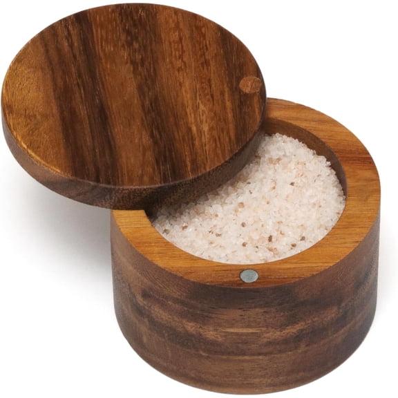 RIHJIN-Acacia Wood Salt or Spice Box with Swivel Cover, 3-1/2" x 2-1/2"
