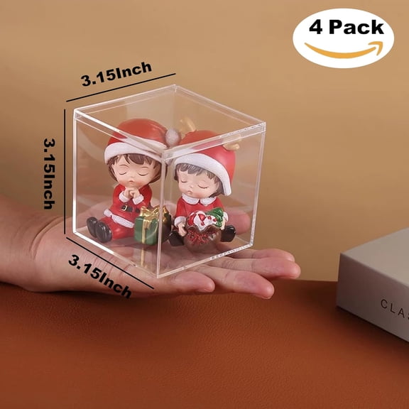 RIHJIN-Acrylic Box Clear Boxes with Lid Plastic Square Cube 4 Pack Small Plastic Storage Box Graduation Party Decoration Box