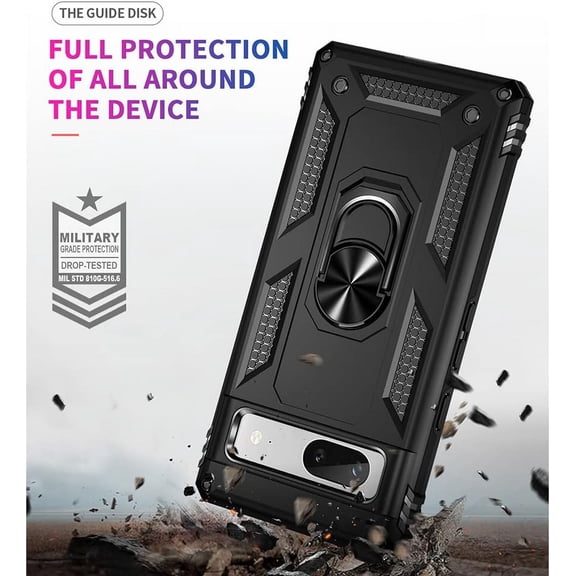 RIHJIN-Auzuoton Google Pixel 7a Phone Case, Military Grade 16ft. Drop Tested, Rotable Kickstand, HD Screen Protector, Black