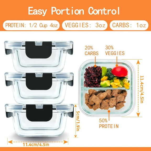 RIHJIN-Bariatric Meal Prep Containers, 8 oz Glass Bariatric Portion Control Containers with Two 4 oz Compartments (3 Pack), Reusable Lunch Box Bento Box with Lids, Glass Snack Containers with Lids