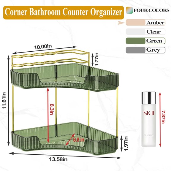 RIHJIN-Bathroom Counter Organizer, Corner Vanity Cosmetic Storage with Makeup Brush Holder, Countertop Organizers for Dresser (2 Tier, Green)