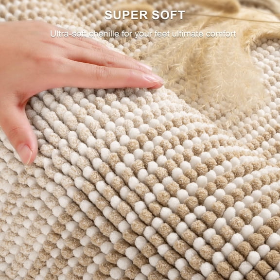 RIHJIN-Bathroom Rugs and Mats Sets, 2 Piece Thick Absorbent Chenille Bath Mat Rug Set Non Slip, Soft Shaggy Bath Floor Mats for Bathroom, Machine Washable (20" x 47" Plus 16" x 24", Beige)