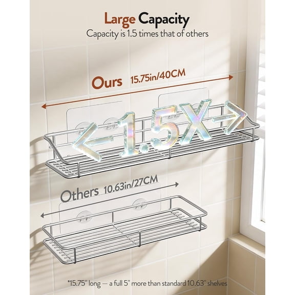 RIHJIN-Bathroom Shelf Organizer Shower Caddy Storage Kitchen Rack with Traceless Transparent Adhesive No Drilling SUS304 Stainless Steel, 15.75 inch, Silver