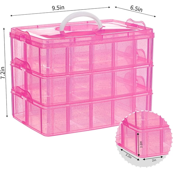 RIHJIN-Bead Organizers and Storage 3-Tier Pink Craft Container Stackable Box with Dividers for Art Supplies, Washi Tapes, Seed, Hair Accessories, Nail, 9.5X6.5X7.2in