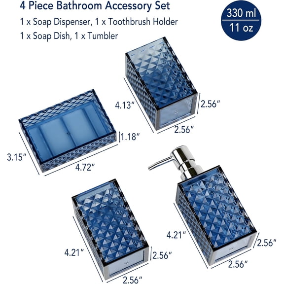 RIHJIN-Blue Bathroom Accessories Set, 4 PCS Dark Navy Blue Bathroom Accessories Sets Complete, Diamond Pattern Bathroom Soap Dispenser and Toothbrush Holder Set, Boho Bathroom Dcor and Accessories