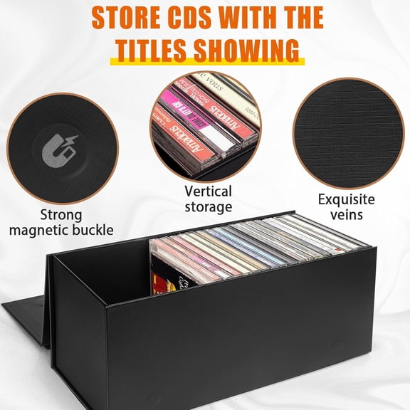 RIHJIN-CD Storage Box, DVD Storage Box- Durable 5.2 x 5.75 x 12 Inch Disc Holders with Lids, Store up to 30 CDs- Black 1 PACK