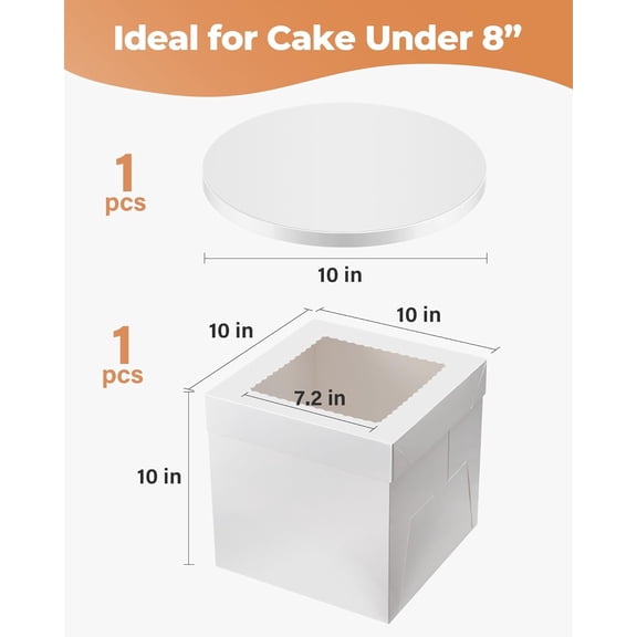 RIHJIN-Cake Box with Board Drum, 10x10x10 Inches Tall Bakery Box with Window, Disposable Cake Container with Lid for Multi-Layer Cake, Decorating, Wedding, Birthday, Party