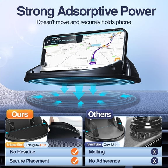 RIHJIN-Car Phone Holder, Car Phone Mount Silicone Car Pad Mat for Various Dashboards, Slip Free Desk Phone Stand Compatible with iPhone, Samsung, Android Smartphones, GPS Devices and More, Black