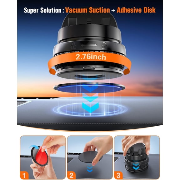 RIHJIN-Car Suction Dashboard Phone Holder:360 Rotating & 30 Adjustable Vacuum Suction Cup Cell Phone Mount with Anti-Slip Spring Snap, Vehicle Dash Mobile Stand for iPhone Samsung, GPS Device
