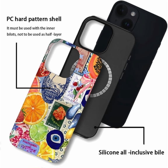 RIHJIN-Case Compatible with iPhone 15,Compatible with MagSafe,Fall Prevention Hybrid 2-Layer Hard Shell Cases for Girls Boys,Bow European Summer Lemon Collage