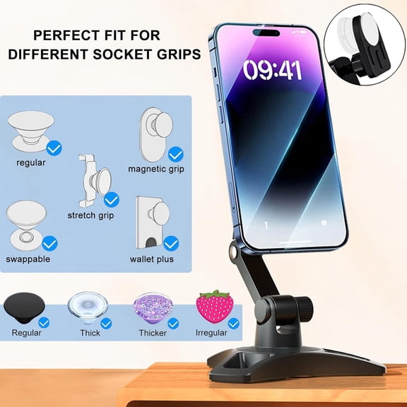 RIHJIN-Cell Phone Stand Works for Popsocket, Height Angle Adjustable Desk Phone Holder, Heavy Duty Phone Stand for Desk for Home, Fits for All Sockets Grips
