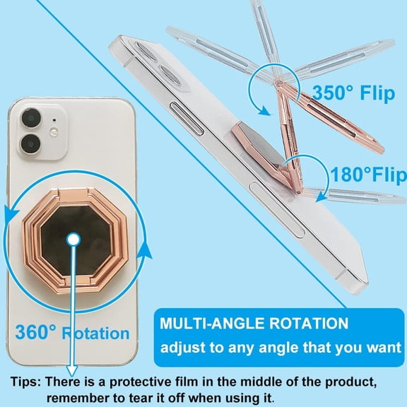 RIHJIN-Cellphone Ring Holder Finger Kickstand, Foldable 360 Rotation Cell Phone Stand for Desk, Magnetic Car Mount, Metal Multi-Angle for Phone Back Grip Compatible with iPhone, iPad (Rose Gold)
