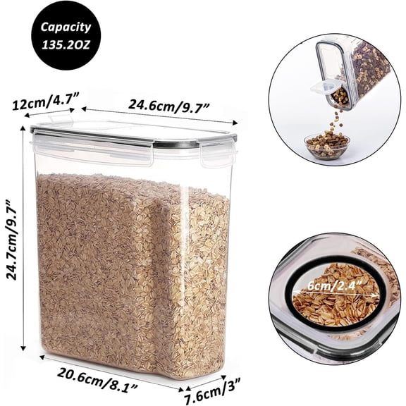 RIHJIN-Cereal Containers Storage Set, 4 PCS Airtight Food Storage Container with Lids, BPA-Free Plastic Storage Containers for Cereal Rice Flour Sugar Dry Food (135.2 oz/4 Pcs)