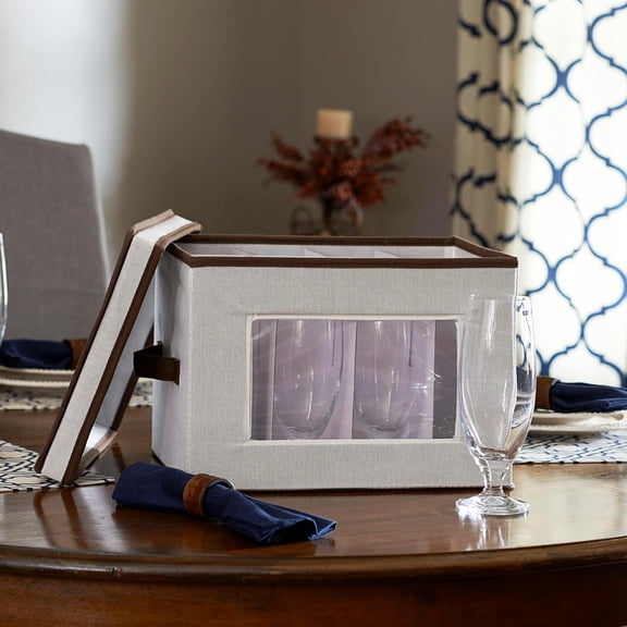 RIHJIN-Champagne Flute Storage Box, 12 Sturdy Compartments, Windowed Front Panel, 2 Riveted Handles, Foldable and Stackable Storage Box
