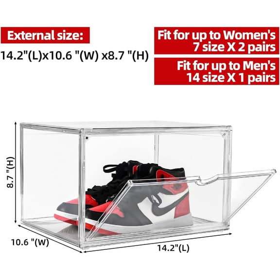 RIHJIN-Clear Shoe Organizer,Stackable Shoe Display Case,Shoe Box Storage Bins with Magnetic Door,Fit Shoe Size Up to US 14 (X-Large-1Pack)