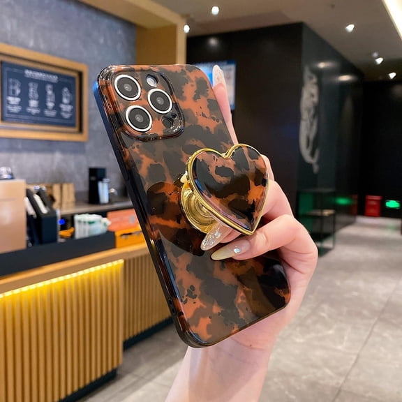 RIHJIN-Compatible with Cute iPhone 14 Pro Max Case 6.7'', Tortoise Shell Phone Case with Brown Amber Print Leopard Heart Holder Stand Kickstand Shockproof TPU Protective Cover for Women Girls