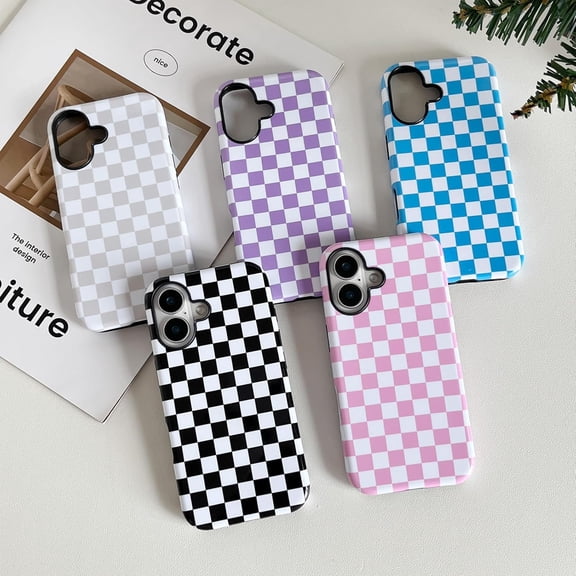 RIHJIN-Compatible with iPhone 16 Case Cute Aesthetic Checkerboard Checkered Phone Case for Women Girl Shockproof Slim TPU and Hard PC Protective Cover (Black)