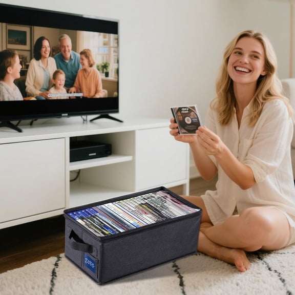 RIHJIN-DVD Storage Box with Clear Window - 15.75" Foldable Media Organizer, Premium Zipper Closure, Holds 27+ DVDs, Dustproof Non-woven Fabric, Reinforced Handles & Label Slot (2)