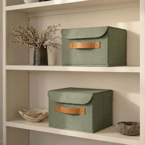RIHJIN-Decorative Linen Storage Boxes with Lids - Spacious Set of 2 Organizer Bins for Your Home Decor - The Perfect Small Container to Safely Store Photos, Documents and Memory Box Keepsakes in Styl