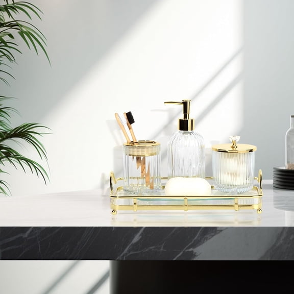 RIHJIN-Designer Clear Glass Bathroom Accessories Sets - 4 Pcs with Lotion Soap Dispenser, Bathroom Toothbrush Holder, Vanity Tray, and Apothecary Jar, Vintage Bathroom Decor, Gift Countertop Organize