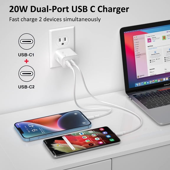 RIHJIN-Dual USB C Charger Block, 20W 2-Port Fast USB-C Power Adapter Wall Charger Plug Type C Charging Block for iPhone 17/16/16 Plus/16 Pro/16 Pro Max/iPhone 15/15 Pro Max/14 13 Pro Max,iPad,Samsung