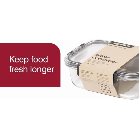 RIHJIN-E981065 1L Glass Container, Shatterproof Glass, Airtight Food Storage Box with Sealable Lid, Microwave Safe, BPA Free, Freezer Safe, Fridge Storage, Food Container, 21cm x 16cm x 7cm