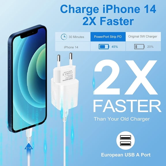 RIHJIN-European Travel Plug Adapter Charger for iPhone Samsung Android Phone,International Power Adaptor with 2 Charger Port USB, EU Wall Charging Block Brick Plug in Europe Germany Outlets Power Str