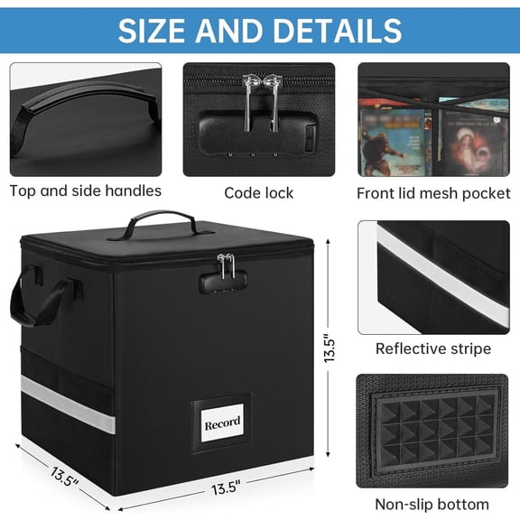 RIHJIN-Fireproof Vinyl Record Storage Box, Record Storage Organizer with Lock Fireproof Record Case for 100+ 12-Inch Vinyl Records Large Capacity File Storage Organizer, M