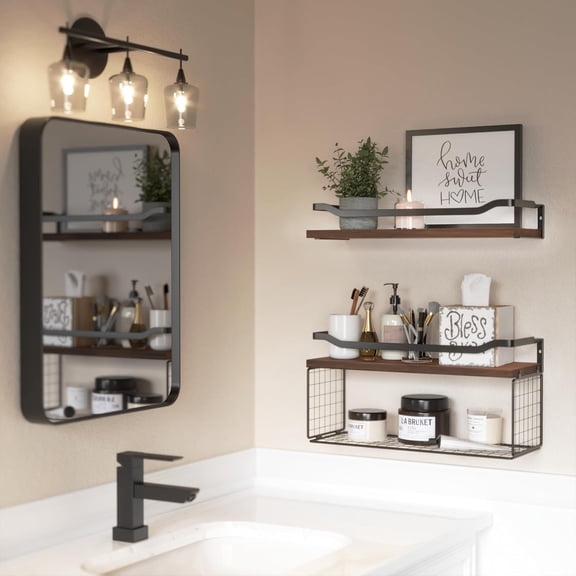 RIHJIN-Floating Shelves with Wire Storage Basket, Bathroom Shelves Over Toilet with Protective Metal Guardrail, Wood Wall Shelves for Bathroom, Bedroom, Living Room, Toilet Paper- Dark Brown