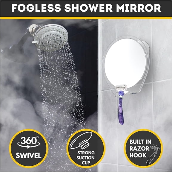 RIHJIN-Fogless Shower Mirror with Suction Mount & Swivel Anti-Fog Acrylic Bathroom Mirror for Shaving Built-in Razor Holder, Easy Install, Home Shower Accessory (White)