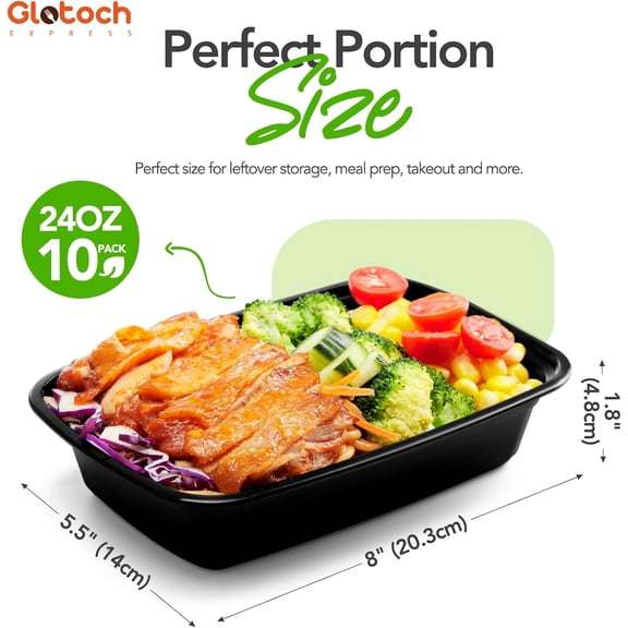 RIHJIN-Glotoch 10-Pack Meal Prep Containers with Lids (20-Piece Set), 24 oz Reusable Food Storage Containers, Heavy-Duty Leakproof Bento Boxes, BPA-Free, Microwave/Freezer/Dishwasher Safe, Black