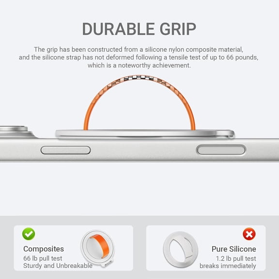 RIHJIN-Grat 3 for Magsafe Magnetic Phone Grip Stand, 360 Rotatable Silicone Strap Phone Loop Holder, Detachable Ring Kickstand Compatible with iPhone 17 Pro Max Air 16 15 14 13 12, Silver