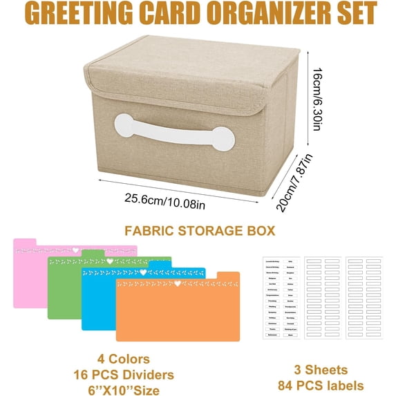 RIHJIN-Greeting Card Organizer Box with 16 Dividers,Collapsible Greeting Card Storage Box With LidsIdeal for Greeting Cards,Recipes, Photos, Envelopes, Keepsake(Beige84 Pcs Labels)