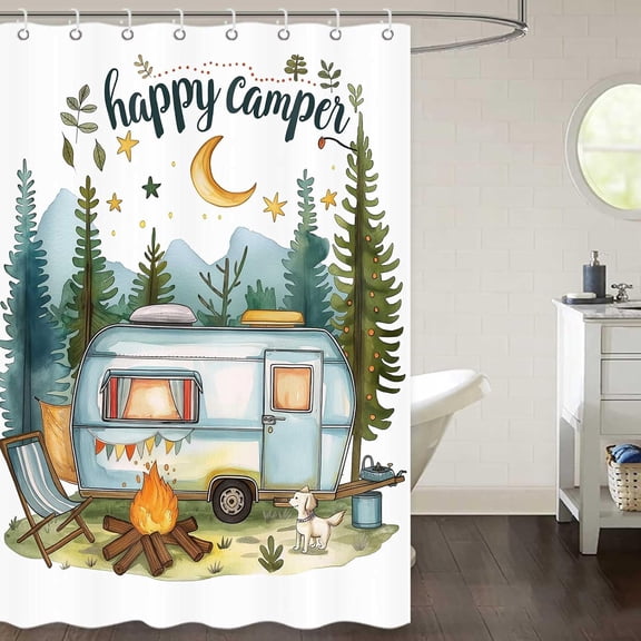 RIHJIN-Happy Camper Small Stall RV Shower Curtain Rustic Tree Mountain Adventure Tent Camping Bathroom Curtains Travel Trailer Bathroom Accessories Set with Hooks 47 x 64 Inches
