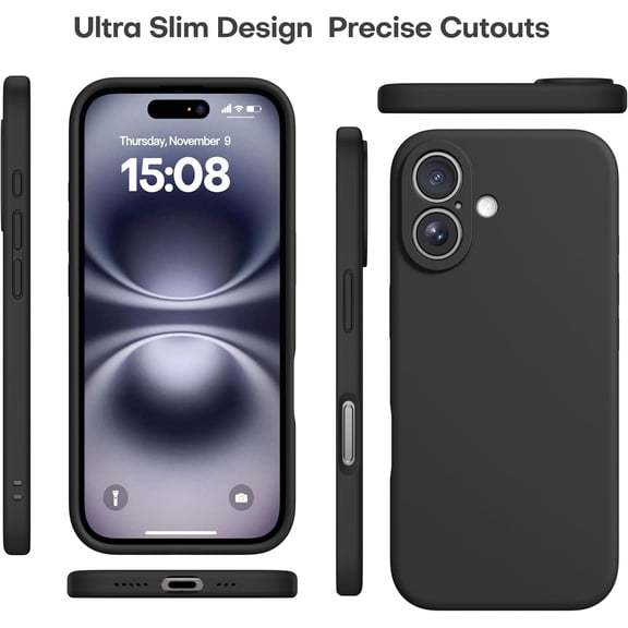 RIHJIN-Heavy-Duty Silicone Case for iPhone 16 [Camera Protection] [Anti-Oil Coating] Military Drop Protection, Soft Scratch-Free Interior, Black