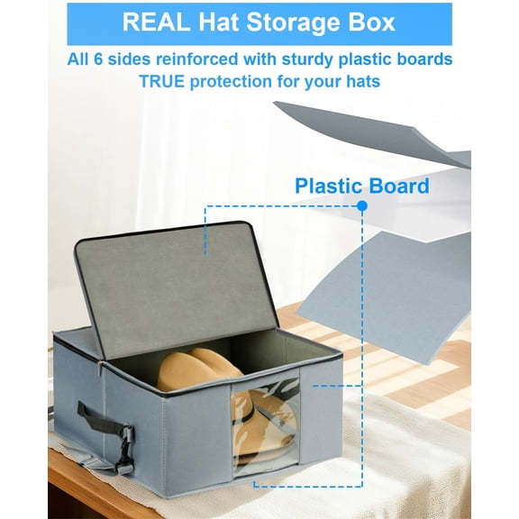 RIHJIN-Large Cowboy Hat Storage Box with All Around Hardboard Support, Stackable, Crush-Proof, Dust-Proof Hat Carrying Case for Home & Travel, Rigid Hat Carrier Fits Up to 16" Wide Brim Hats, Grey