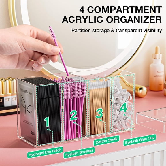 RIHJIN-Lash Extension Organizer with Lid, Acrylic Lash Organizer for Lash Techs, Lashes Supplies Container for Vanity with Anti-Slip Pads, Clear Storage Box for Eyelash Tools Makeup Brush Hair Access