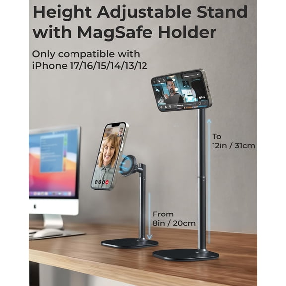 RIHJIN-MagStand, Adjustable Magnetic iPhone Stand for Desk & Phone Holder for Video Recording, Compatible with MagSafe, Stand for iPhone 17 Pro Max, 16/15/14/13/12, Small Mag Safe Tripod (Black)