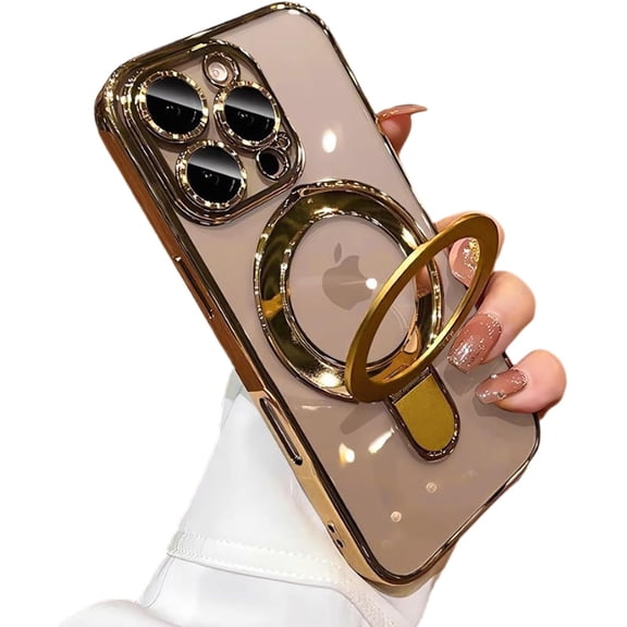 RIHJIN-Magnetic Case for iPhone 16 Pro Max with Invisible Stand Built-in Camera Lens Protector Shockproof[Military Drop Protection] Soft TPU for iPhone 16 Pro Max case 6.9",Gold