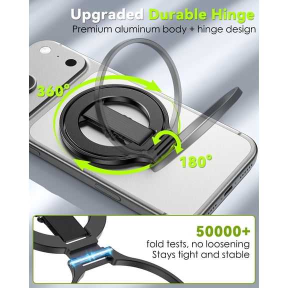 RIHJIN-Magnetic Phone Grip, Slim Rotating Finger Loop Ring Holder with Soft Strap, Double-Sided Magnet, Compatible with MagSafe iPhone 17 Pro Max/16/15/14/13/12 Series & Magnetic Car Mounts