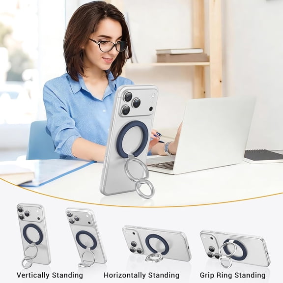 RIHJIN-Magnetic Phone Ring Holder for MagSafe, Cell Phone Grip Stand Finger Ring for iPhone 17 16 15 14 13 12 Pro Max, Double Sided Magnet Kickstand Compatible for Wireless Car Mount, Blue