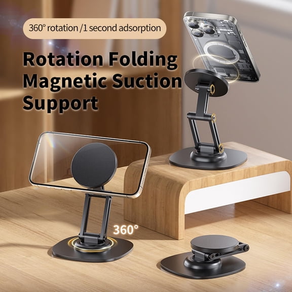 RIHJIN-Magnetic Phone Stand for Desk 360 Rotating Adjustable Foldable Aluminum for MagSafe Cell Phone Stand Holder with Non-Slip Base Desk Stand for iPhone 17 16 Pro Max/15/14/13/12 Plus Air (Black)