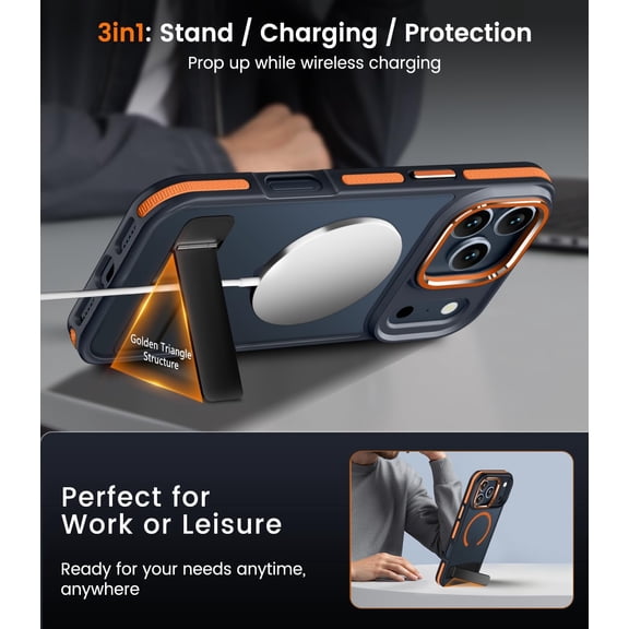 RIHJIN-Magnetic for iPhone 17 Pro Case with Stand, Compatible with MagSafe, Slim Translucent Matte Military-Grade Drop Protection Phone Cover, Orange
