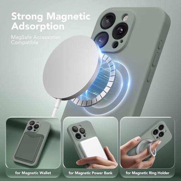 RIHJIN-Magnetic for iPhone 14 Pro Max Case, Compatible with MagSafe, [Full Camera Protection][Screen Protector] Silicone Shockproof Protective Phone Case for iPhone 14 Pro Max 6.7", Calke Green