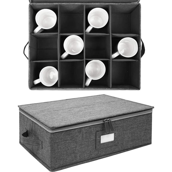 RIHJIN-Mug Storage Box with dividers, China Coffee Cup Storage Containers with Zipper Lid and Rivet Reinforced Handles, Holds 12 Coffee Mugs and Tea Cups, Structured Top and Stackable (Grey)